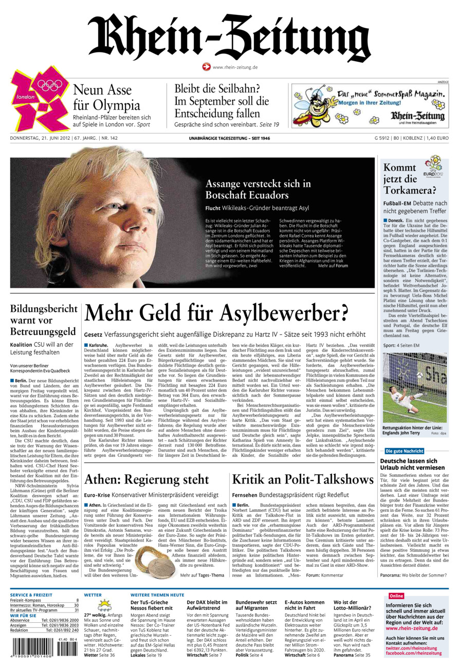 Rhein-Zeitung Koblenz & Region vom Donnerstag, 21.06.2012