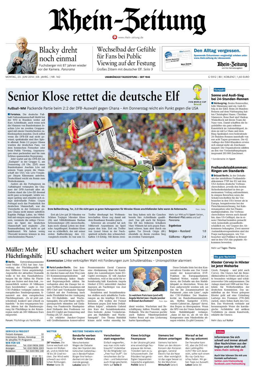 Rhein-Zeitung Koblenz & Region vom Montag, 23.06.2014