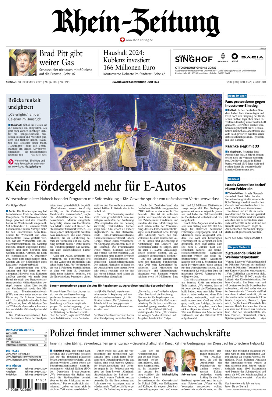 Rhein-Zeitung Koblenz & Region vom Montag, 18.12.2023
