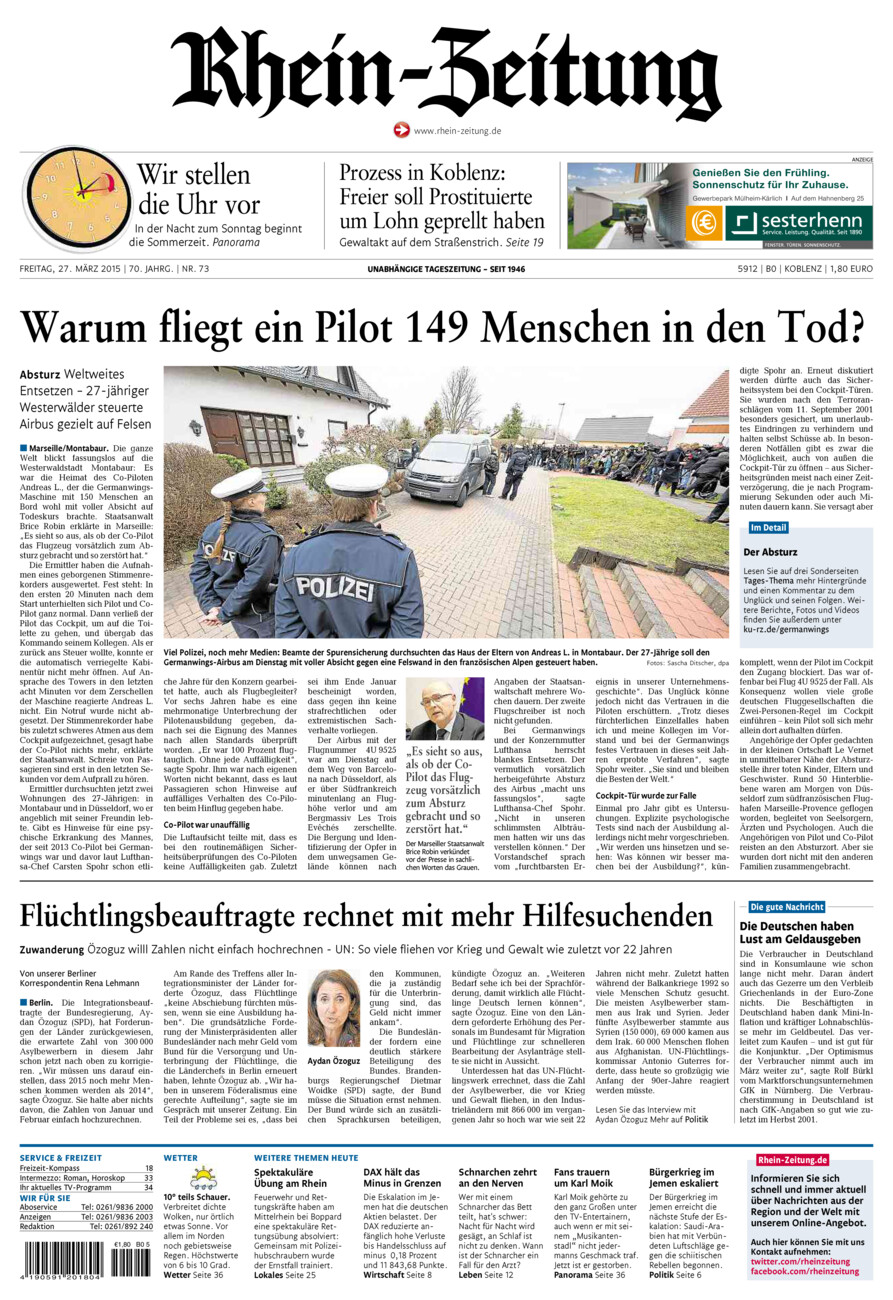 Rhein-Zeitung Koblenz & Region vom Freitag, 27.03.2015
