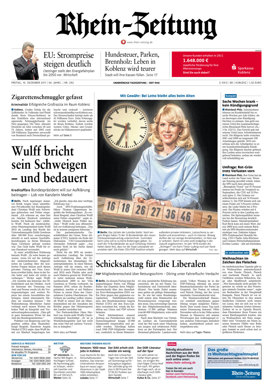 Rhein-Zeitung Koblenz & Region vom Freitag, 16.12.2011