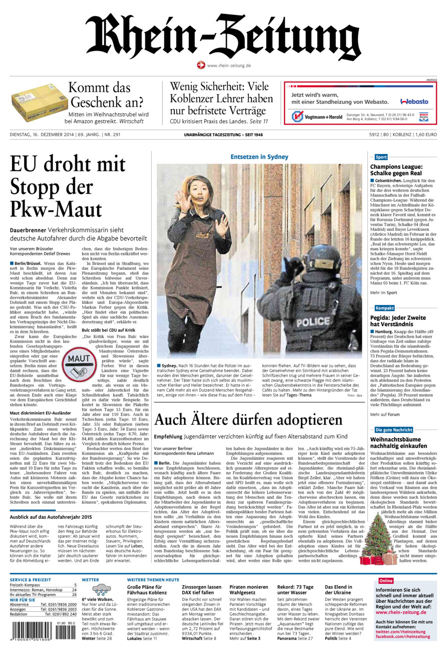 Rhein-Zeitung Koblenz & Region vom Dienstag, 16.12.2014