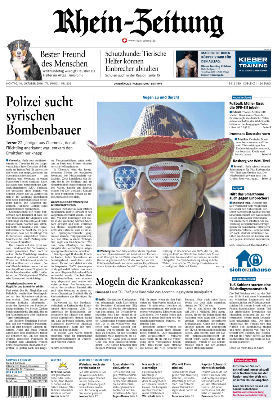 Rhein-Zeitung Koblenz & Region vom Montag, 10.10.2016