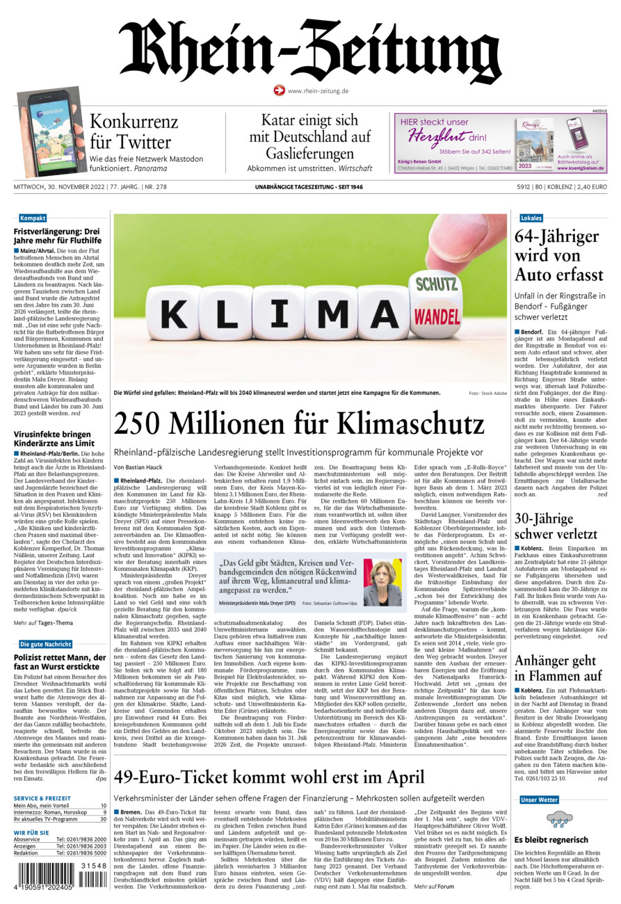 Rhein-Zeitung Koblenz & Region vom Mittwoch, 30.11.2022