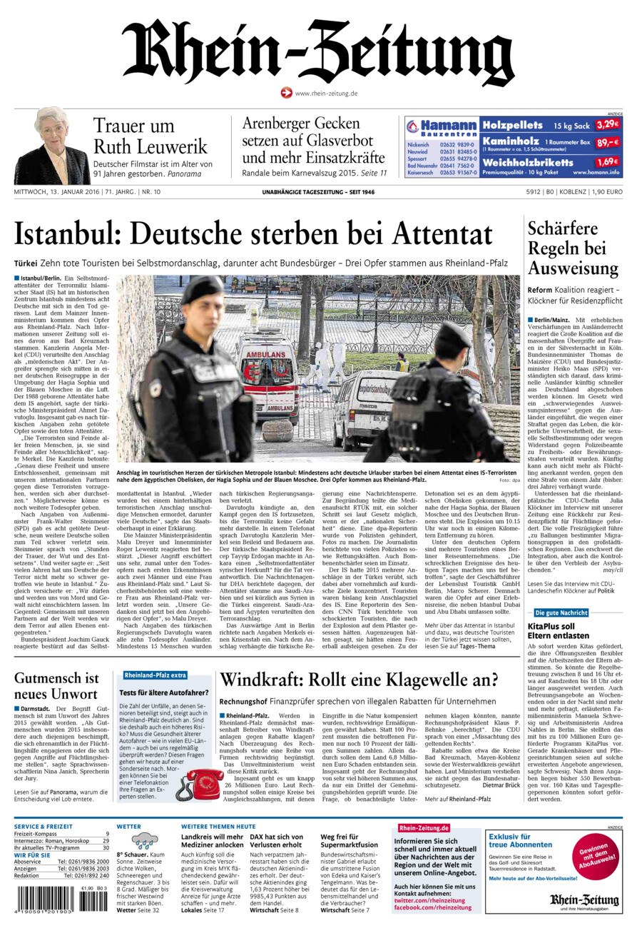 Rhein-Zeitung Koblenz & Region vom Mittwoch, 13.01.2016