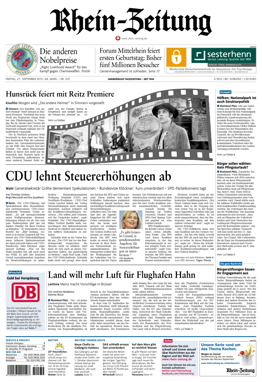 Rhein-Zeitung Koblenz & Region vom Freitag, 27.09.2013