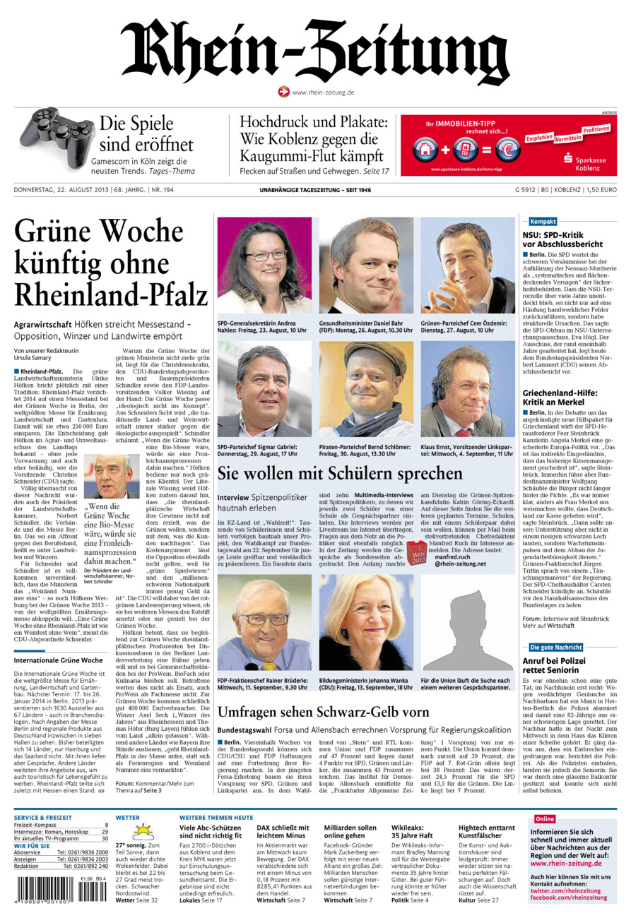 Rhein-Zeitung Koblenz & Region vom Donnerstag, 22.08.2013