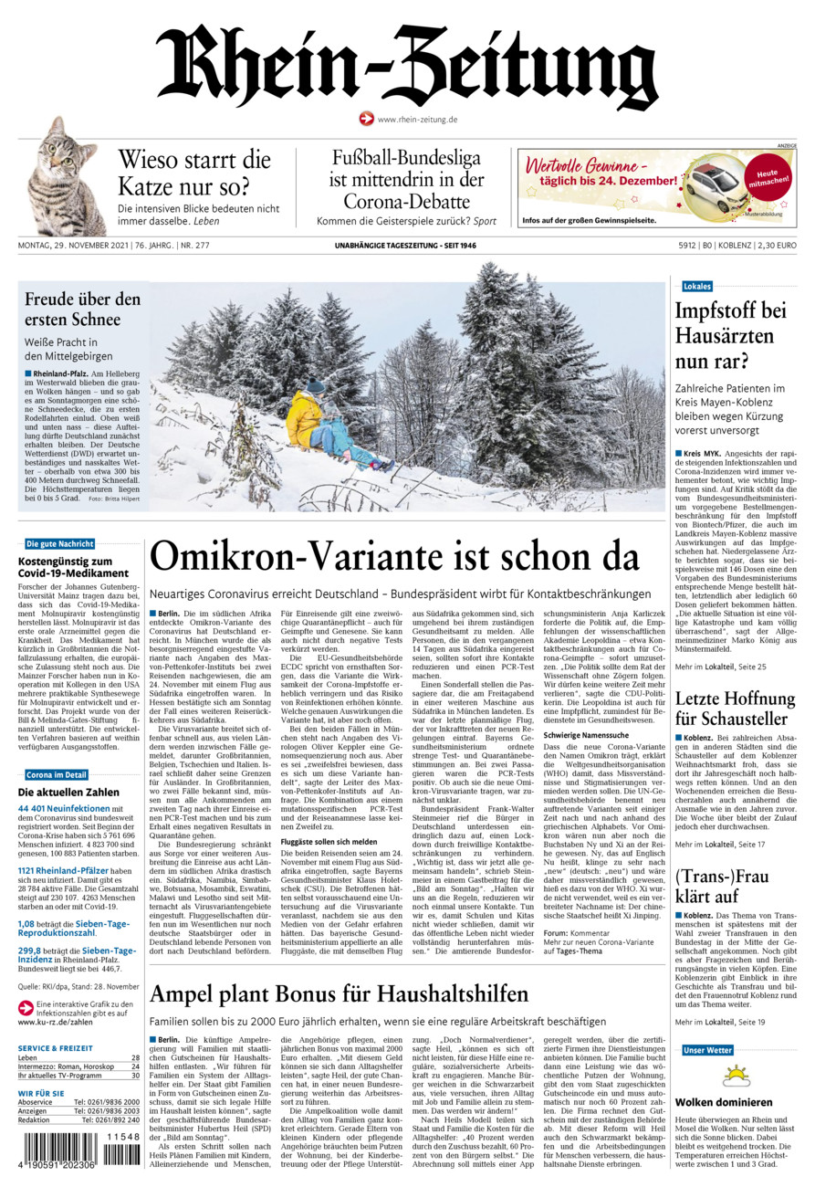 Rhein-Zeitung Koblenz & Region vom Montag, 29.11.2021