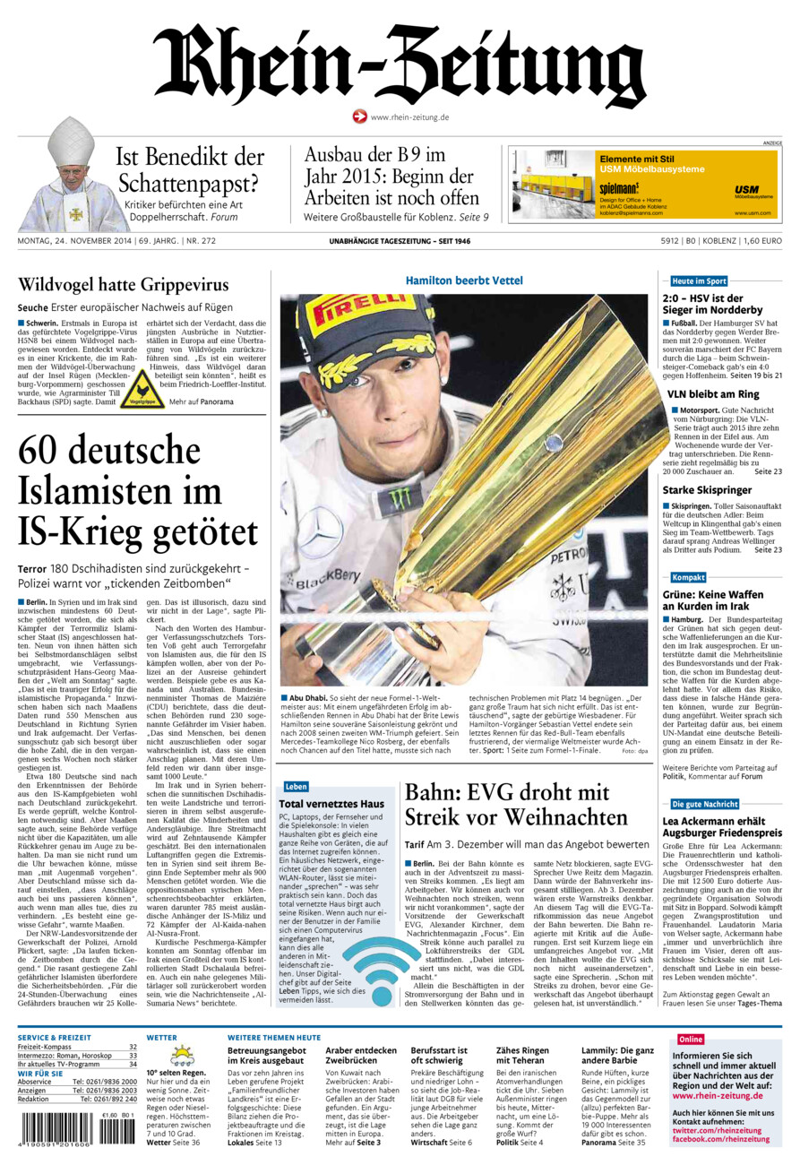 Rhein-Zeitung Koblenz & Region vom Montag, 24.11.2014
