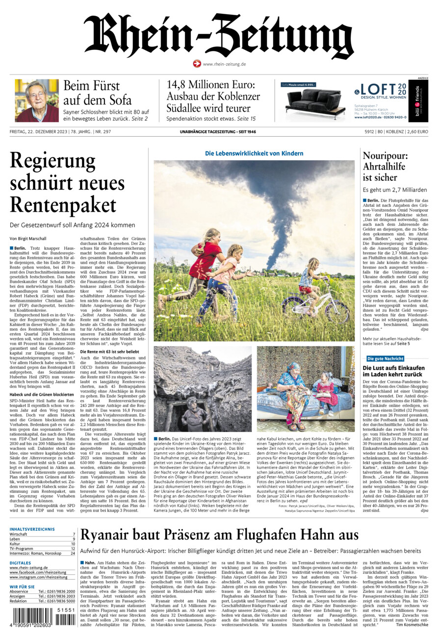 Rhein-Zeitung Koblenz & Region vom Freitag, 22.12.2023