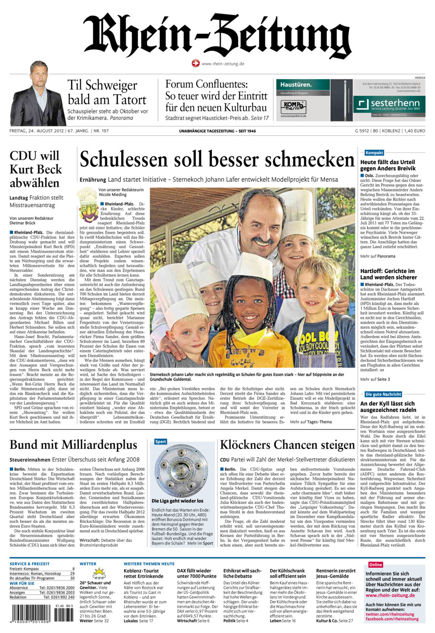 Rhein-Zeitung Koblenz & Region vom Freitag, 24.08.2012
