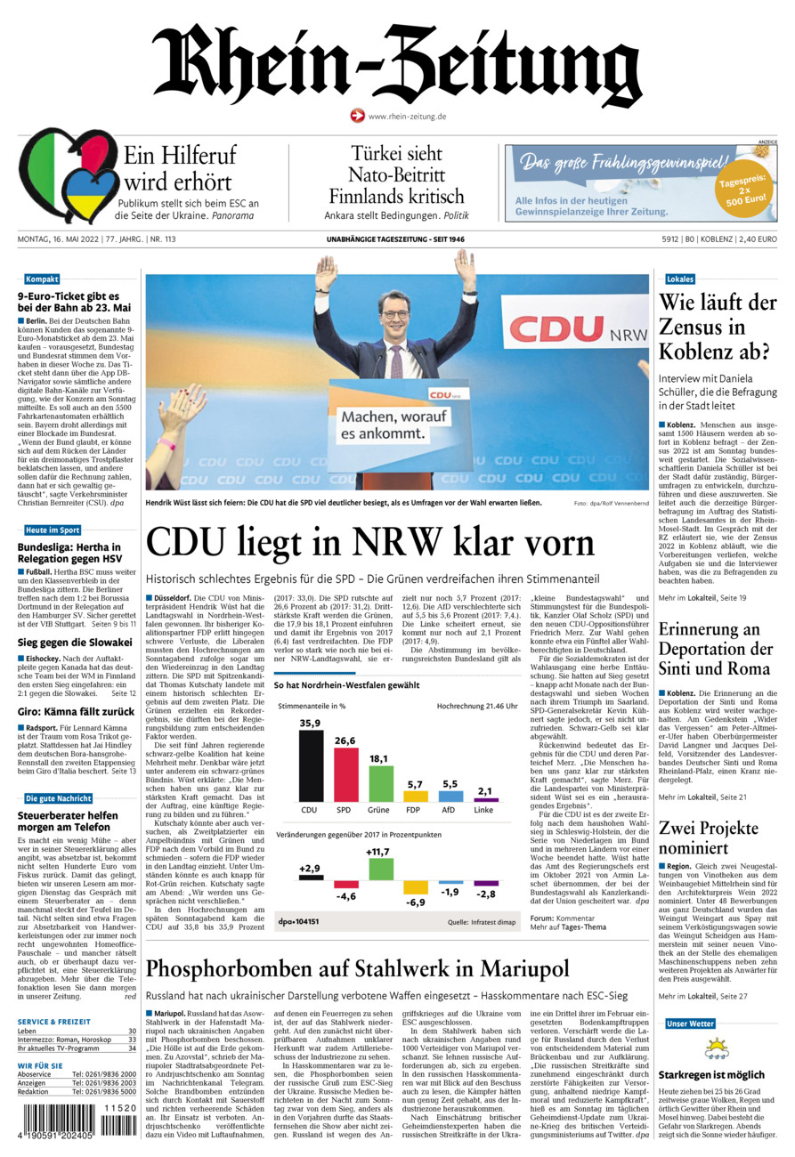Rhein-Zeitung Koblenz & Region vom Montag, 16.05.2022