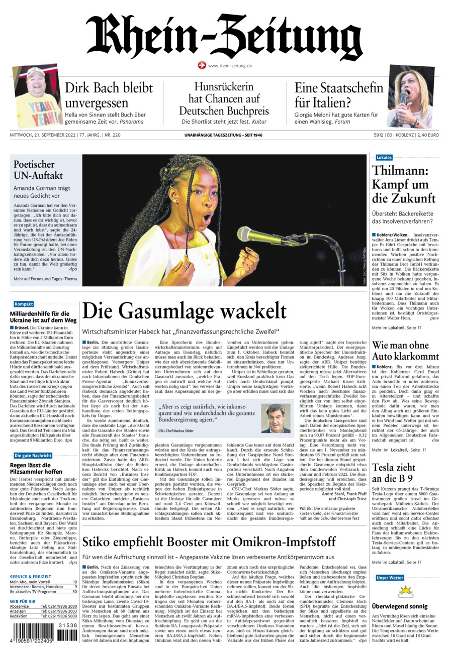 Rhein-Zeitung Koblenz & Region vom Mittwoch, 21.09.2022