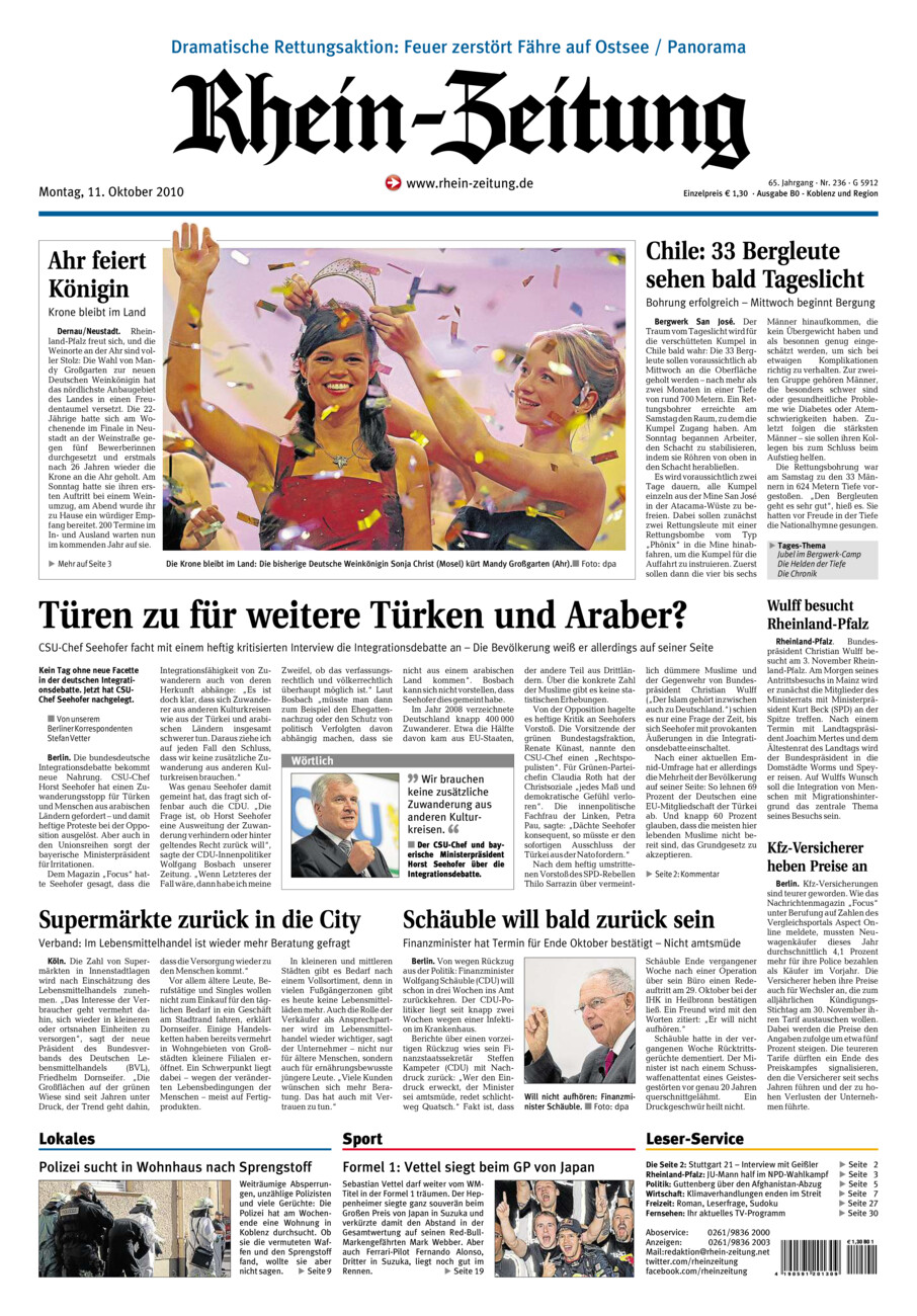 Rhein-Zeitung Koblenz & Region vom Montag, 11.10.2010