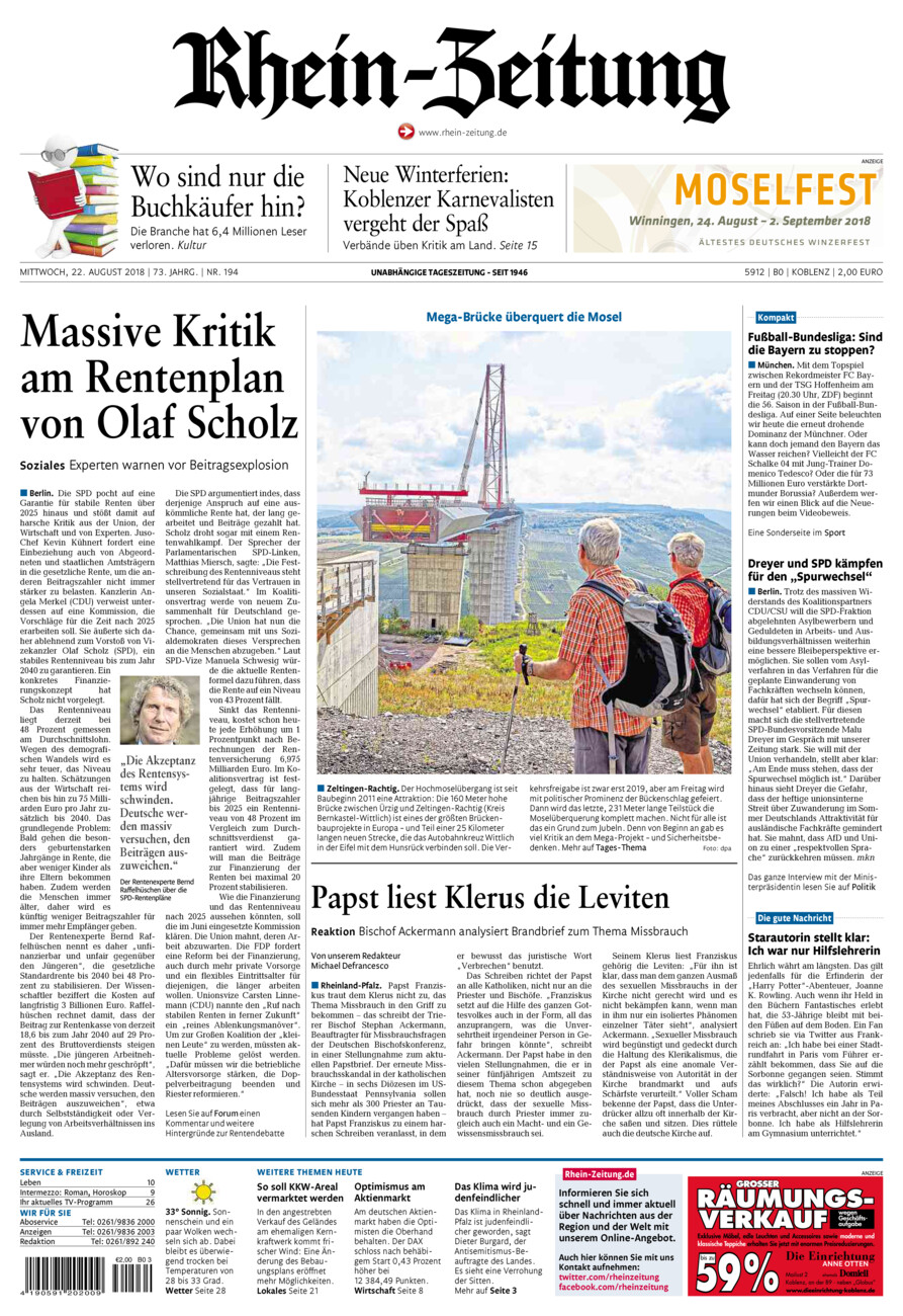 Rhein-Zeitung Koblenz & Region vom Mittwoch, 22.08.2018