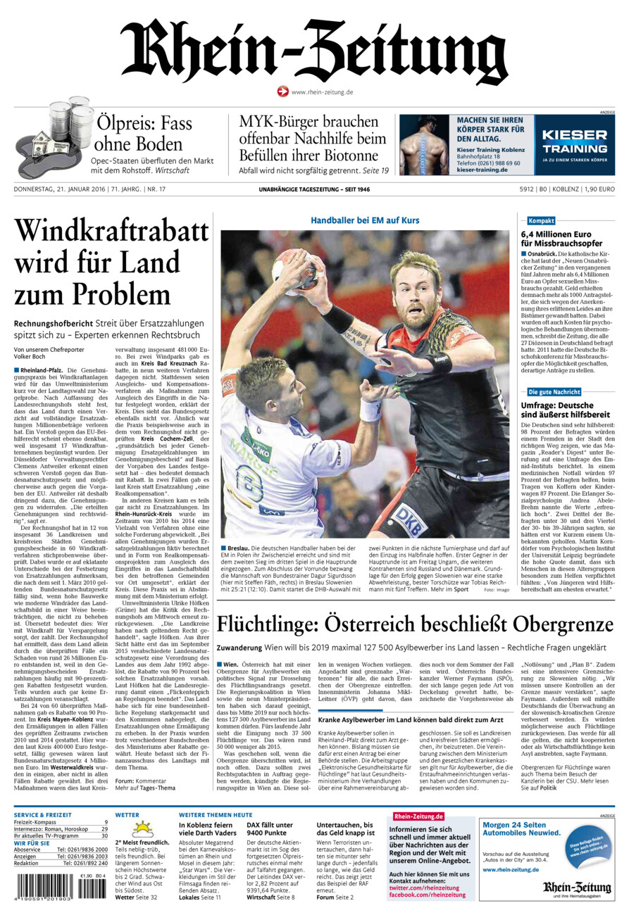 Rhein-Zeitung Koblenz & Region vom Donnerstag, 21.01.2016