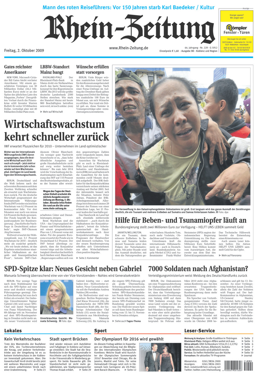 Rhein-Zeitung Koblenz & Region vom Freitag, 02.10.2009