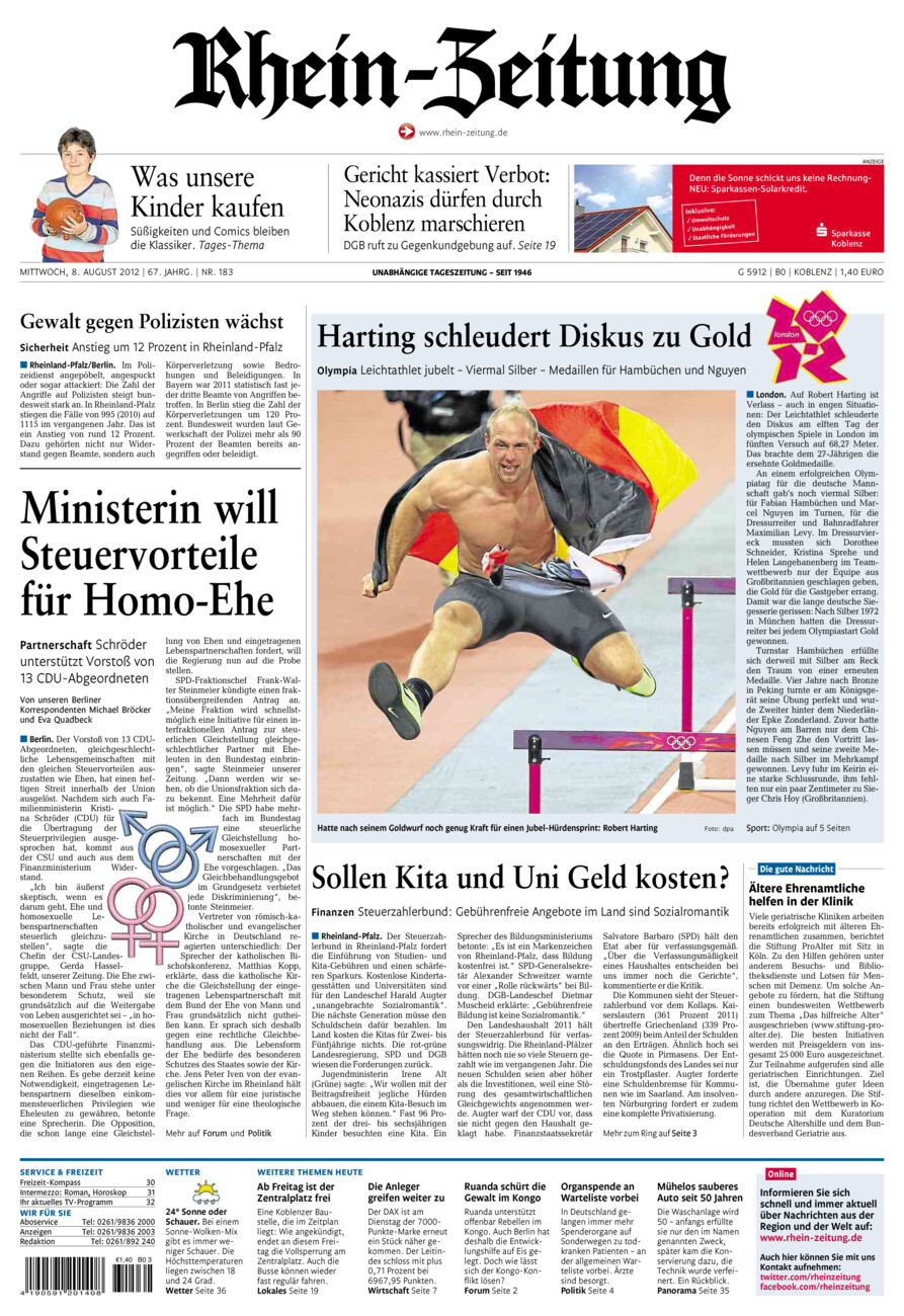 Rhein-Zeitung Koblenz & Region vom Mittwoch, 08.08.2012