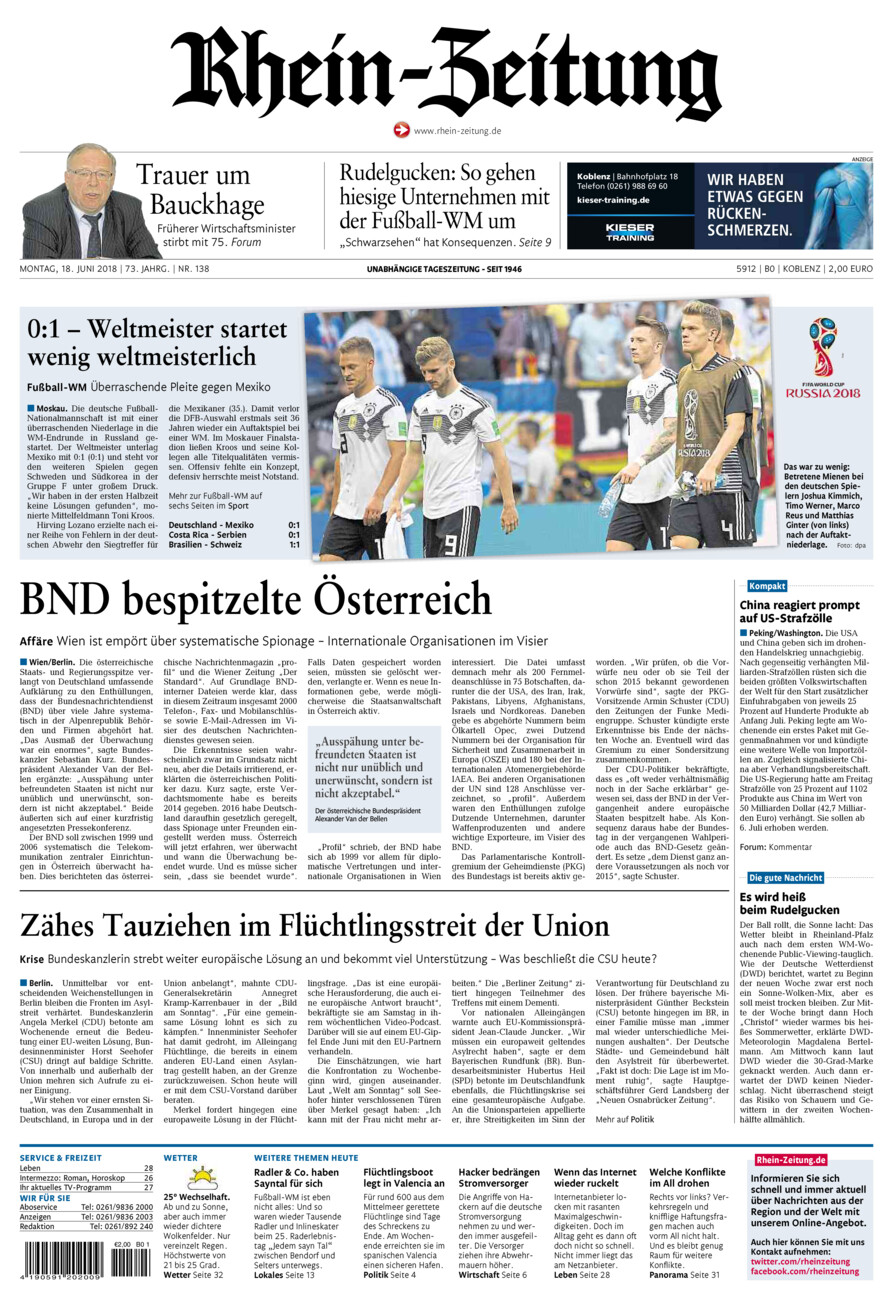 Rhein-Zeitung Koblenz & Region vom Montag, 18.06.2018