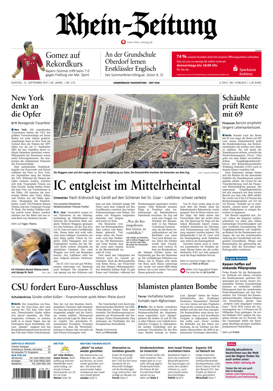 Rhein-Zeitung Koblenz & Region vom Montag, 12.09.2011