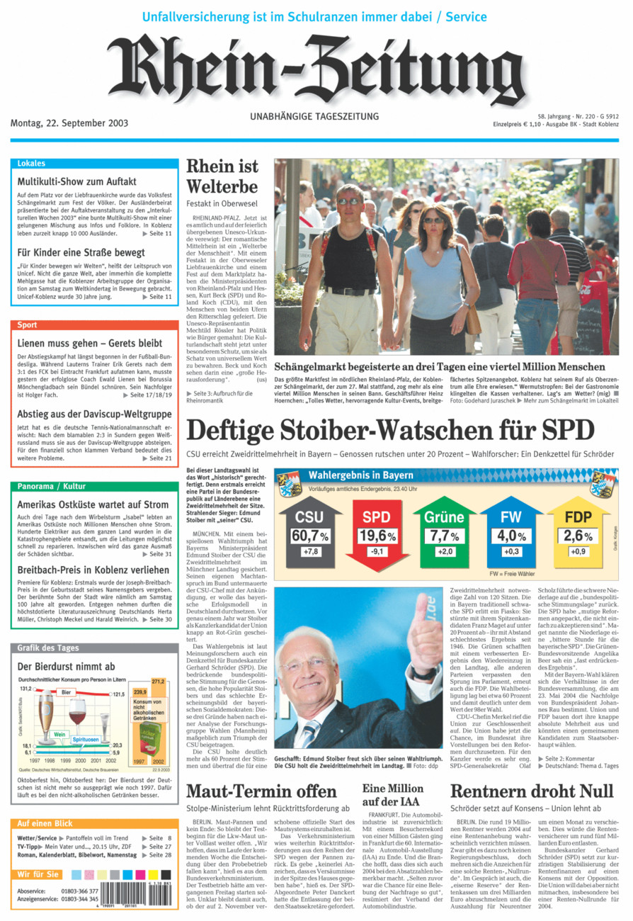 Rhein-Zeitung Koblenz & Region vom Montag, 22.09.2003