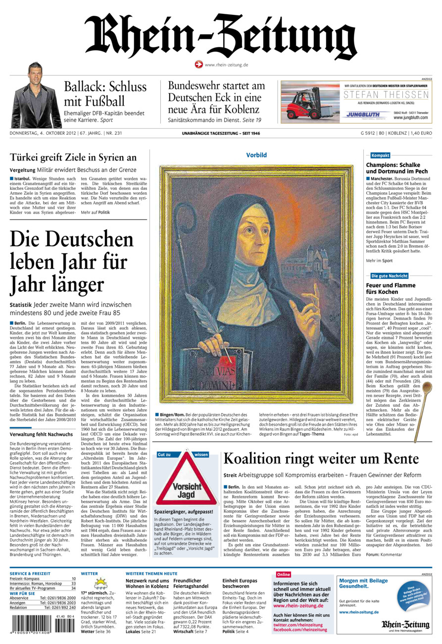 Rhein-Zeitung Koblenz & Region vom Donnerstag, 04.10.2012