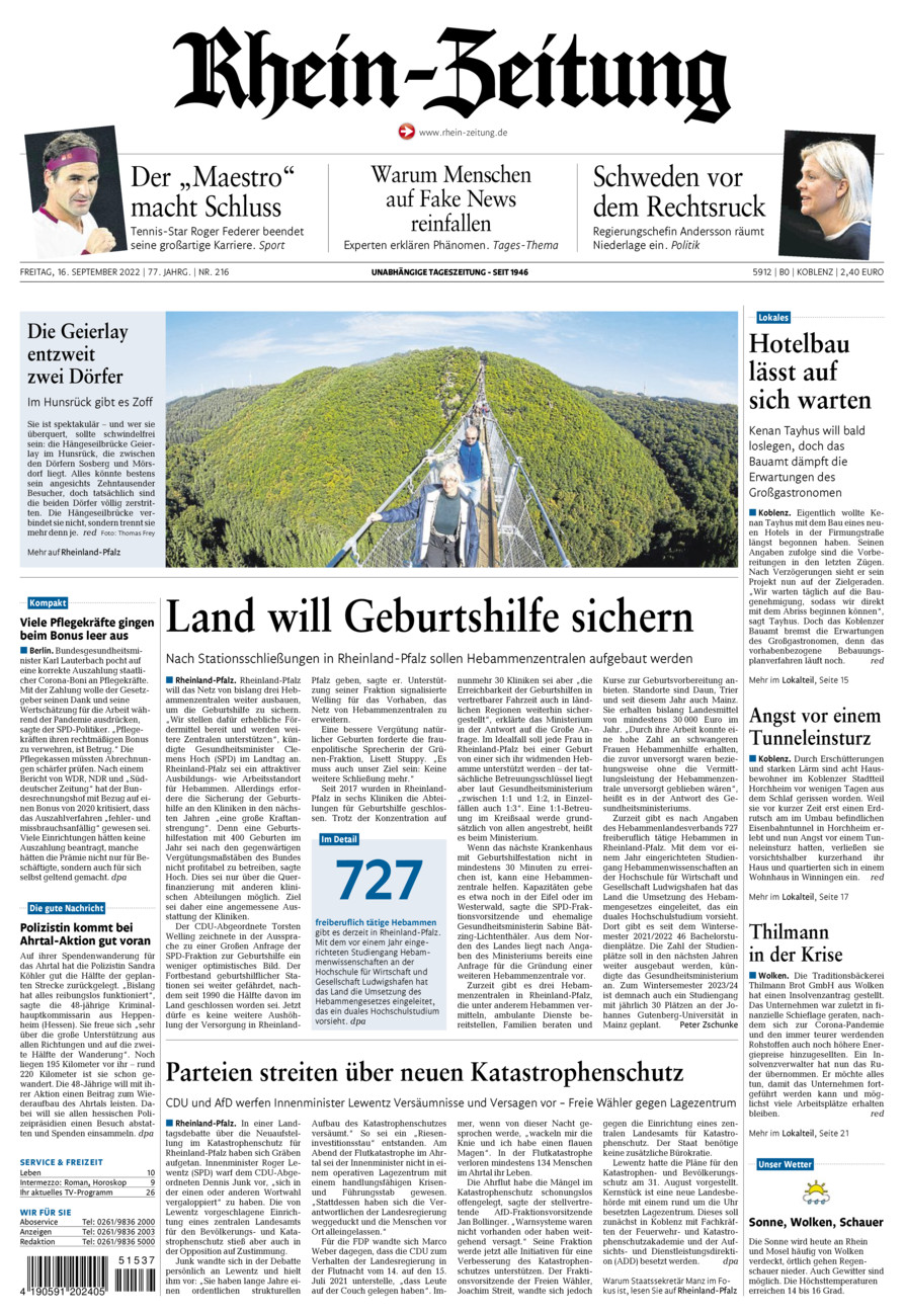 Rhein-Zeitung Koblenz & Region vom Freitag, 16.09.2022