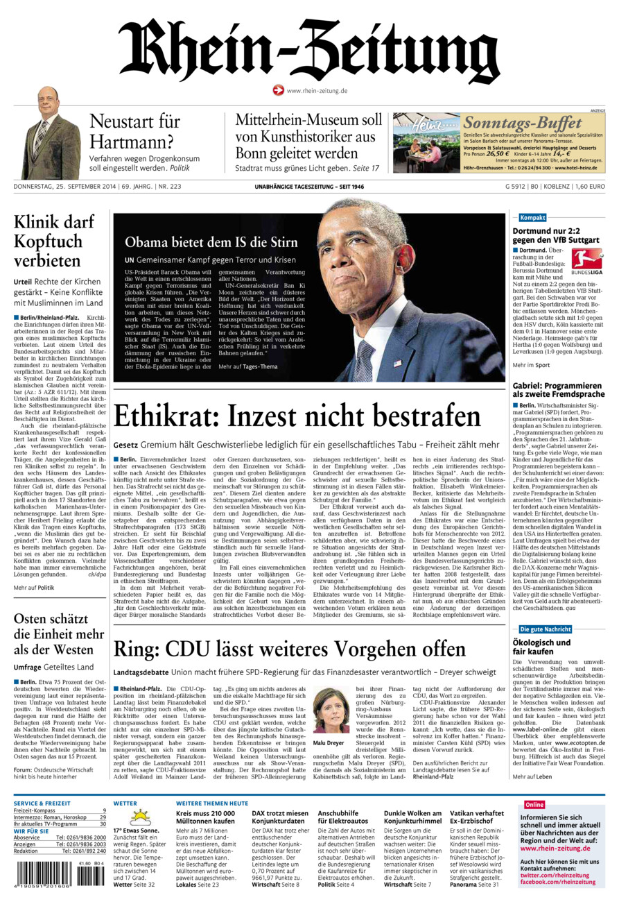 Rhein-Zeitung Koblenz & Region vom Donnerstag, 25.09.2014