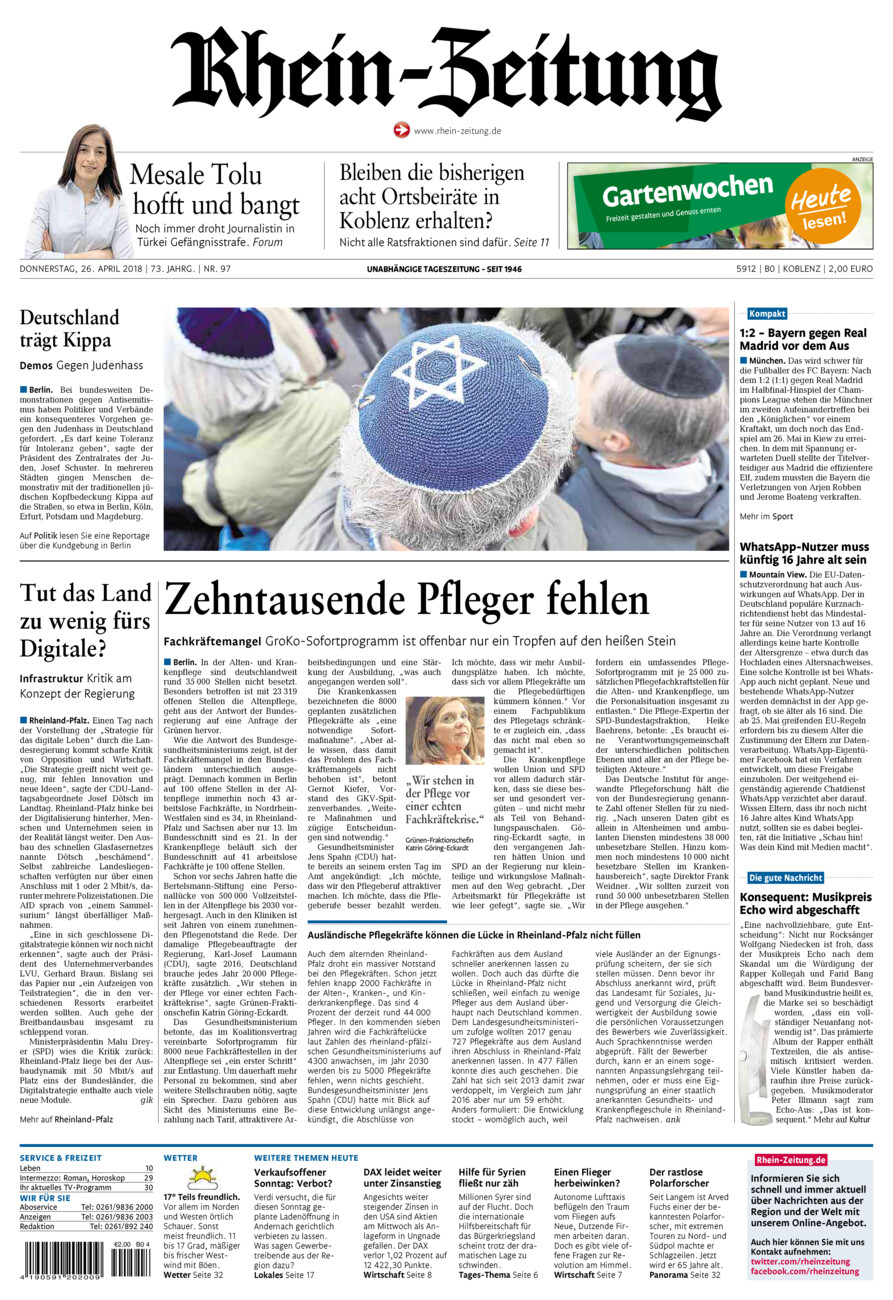 Rhein-Zeitung Koblenz & Region vom Donnerstag, 26.04.2018