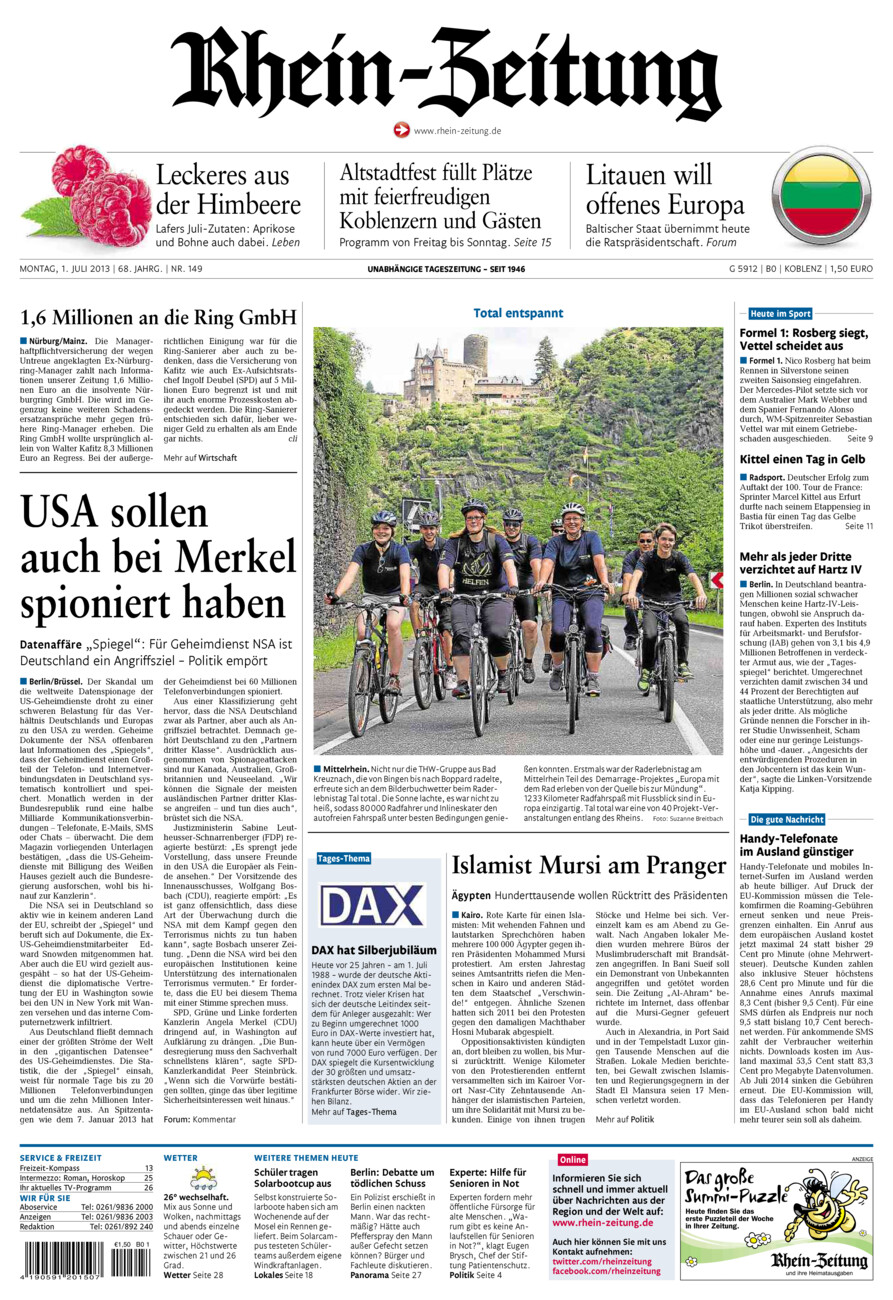 Rhein-Zeitung Koblenz & Region vom Montag, 01.07.2013