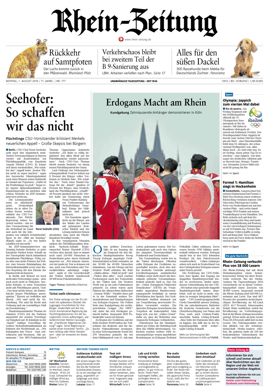 Rhein-Zeitung Koblenz & Region vom Montag, 01.08.2016