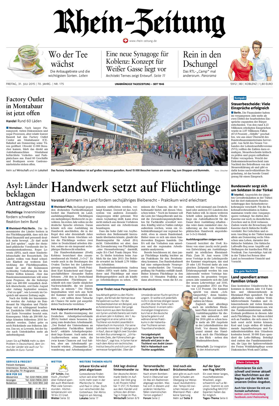 Rhein-Zeitung Koblenz & Region vom Freitag, 31.07.2015