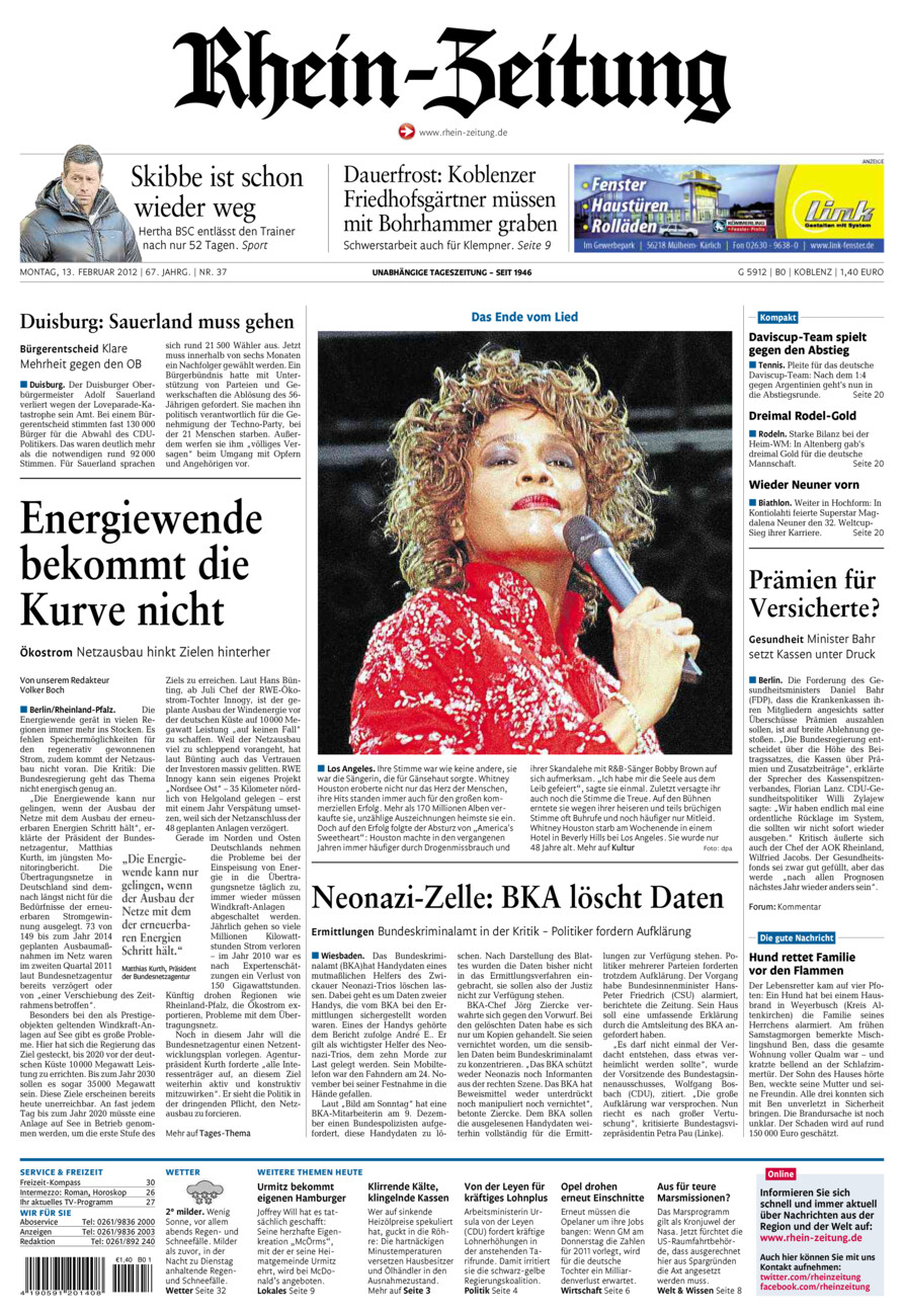 Rhein-Zeitung Koblenz & Region vom Montag, 13.02.2012