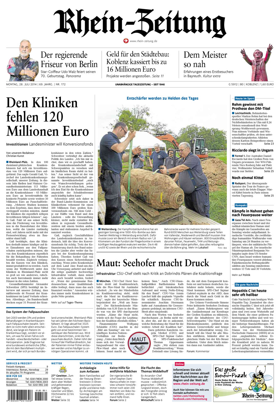 Rhein-Zeitung Koblenz & Region vom Montag, 28.07.2014