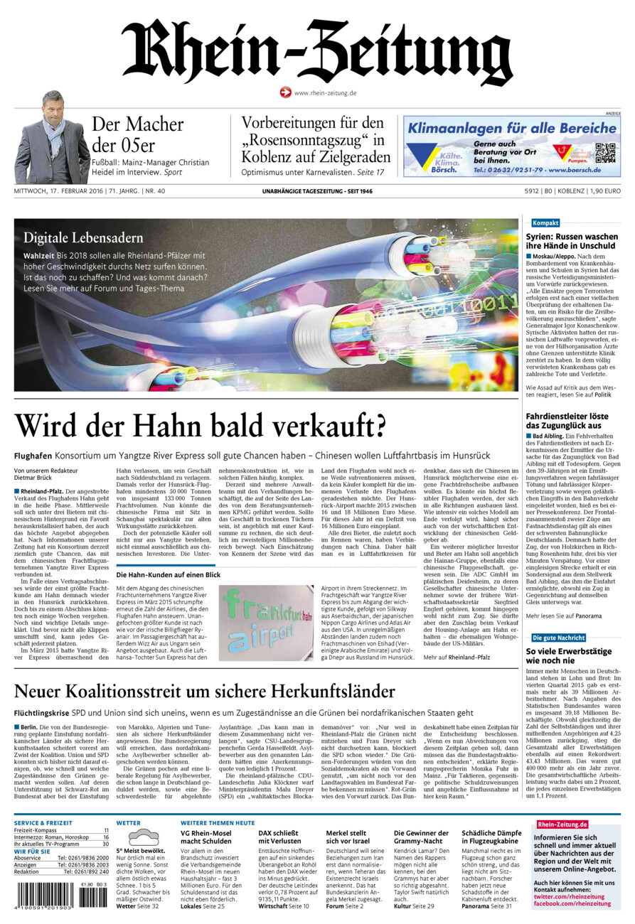 Rhein-Zeitung Koblenz & Region vom Mittwoch, 17.02.2016