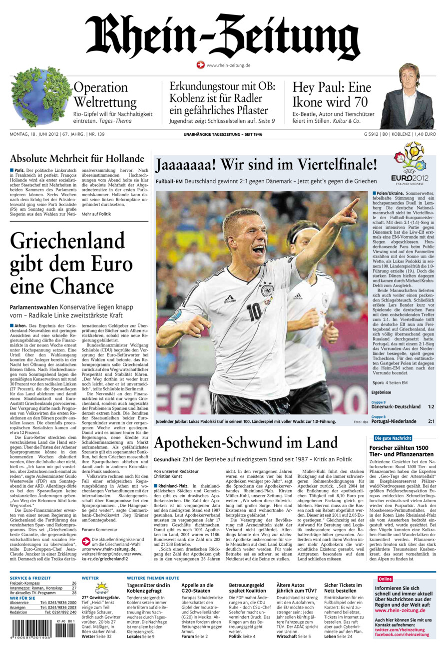 Rhein-Zeitung Koblenz & Region vom Montag, 18.06.2012