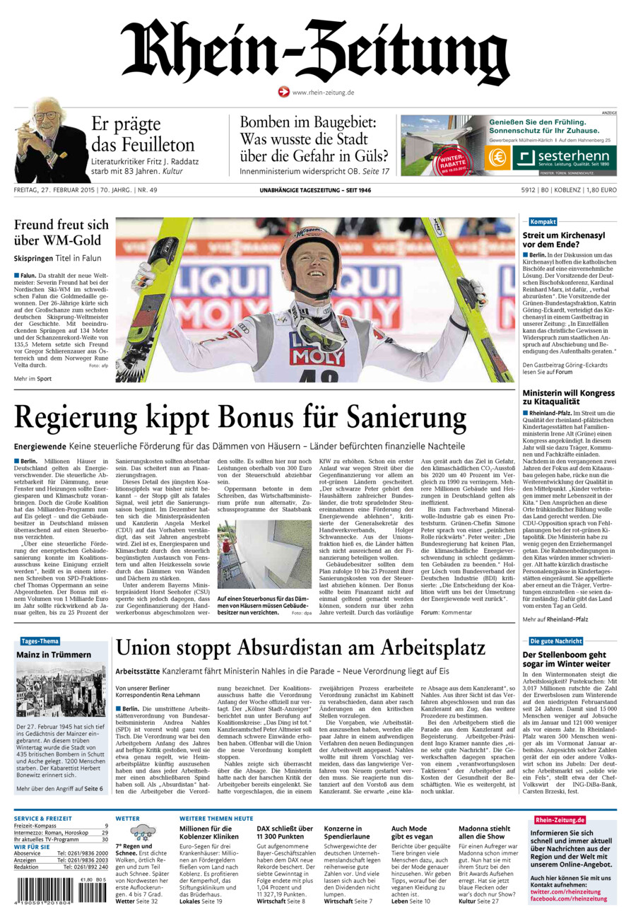 Rhein-Zeitung Koblenz & Region vom Freitag, 27.02.2015