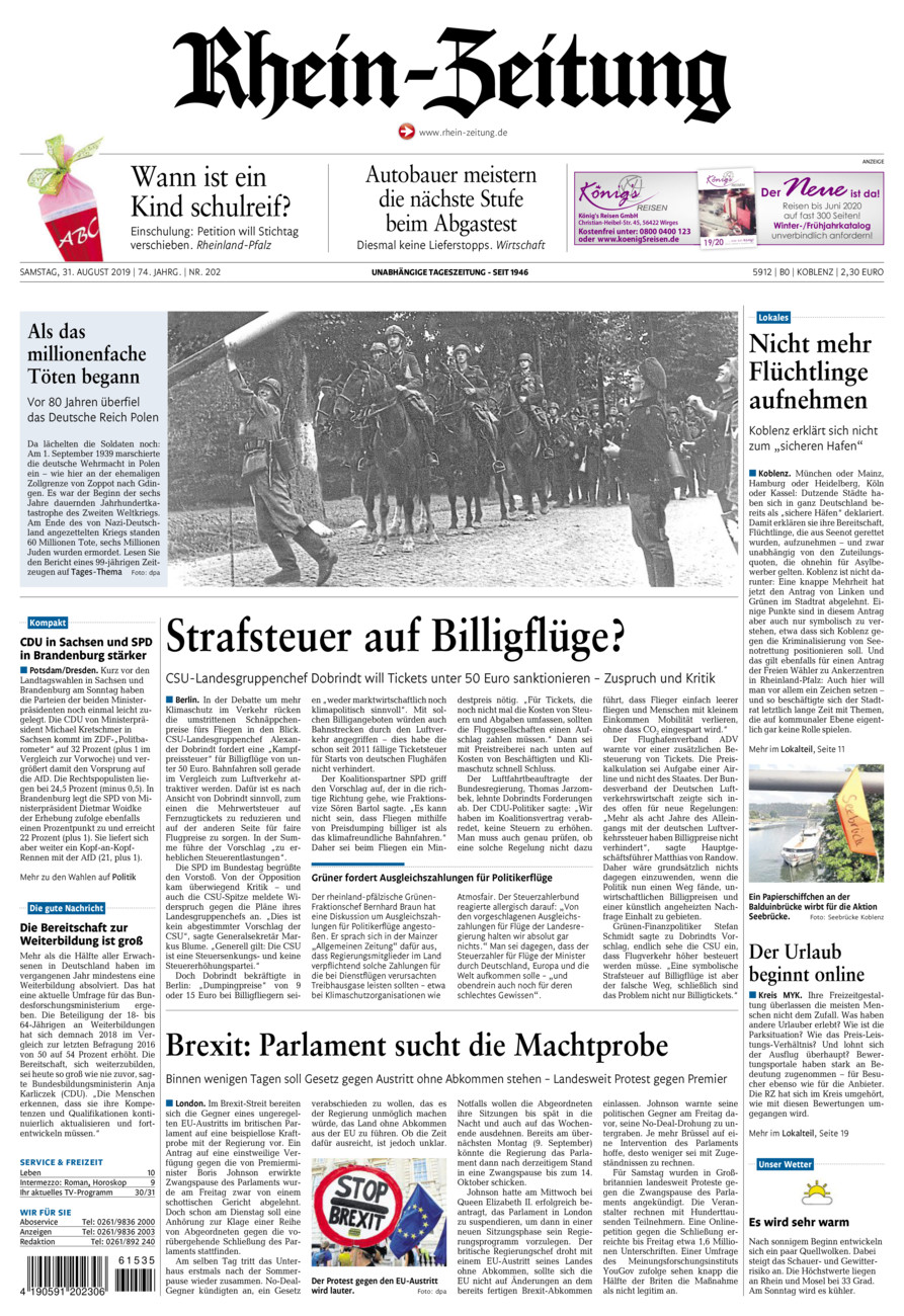Rhein-Zeitung Koblenz & Region vom Samstag, 31.08.2019