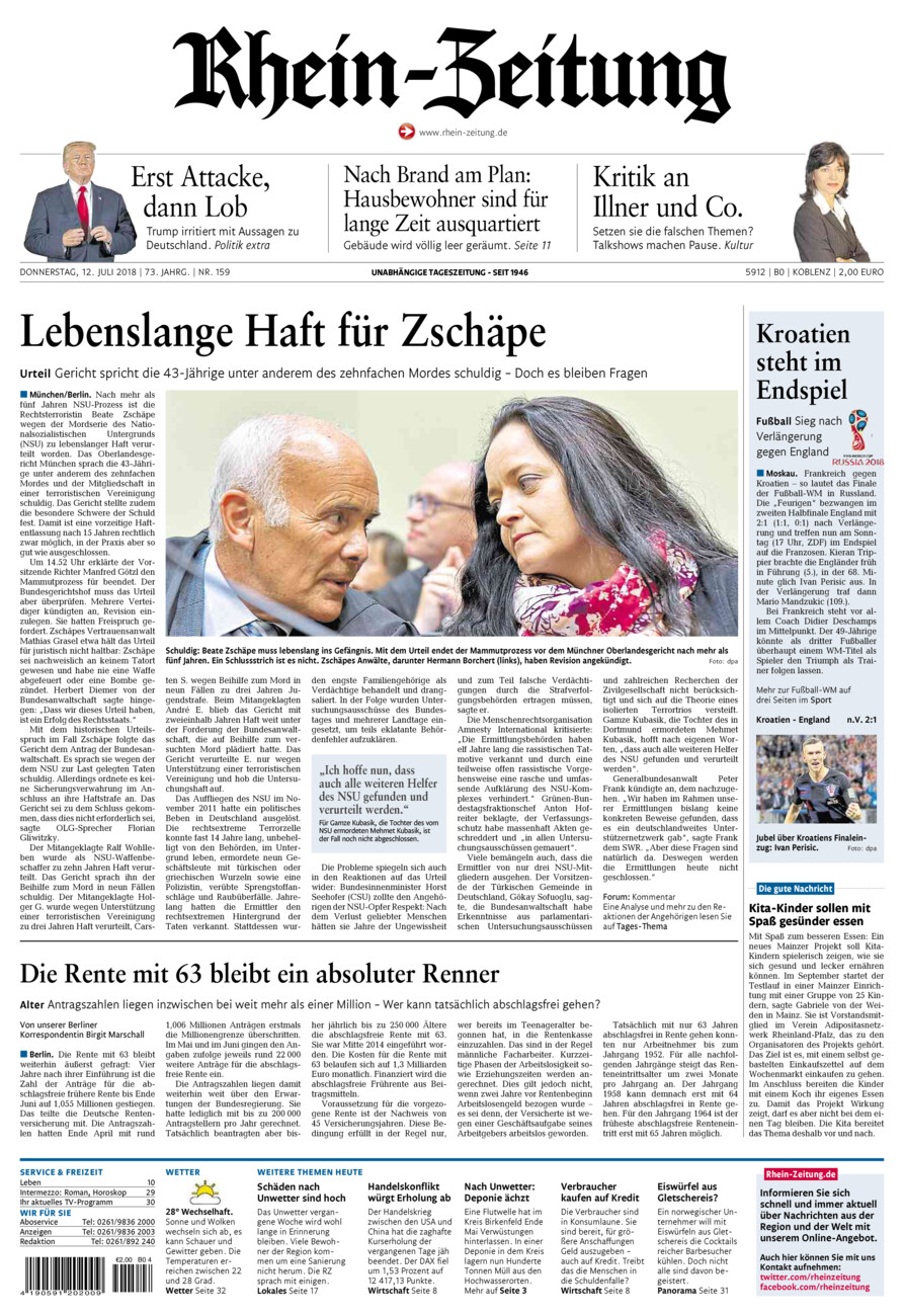 Rhein-Zeitung Koblenz & Region vom Donnerstag, 12.07.2018