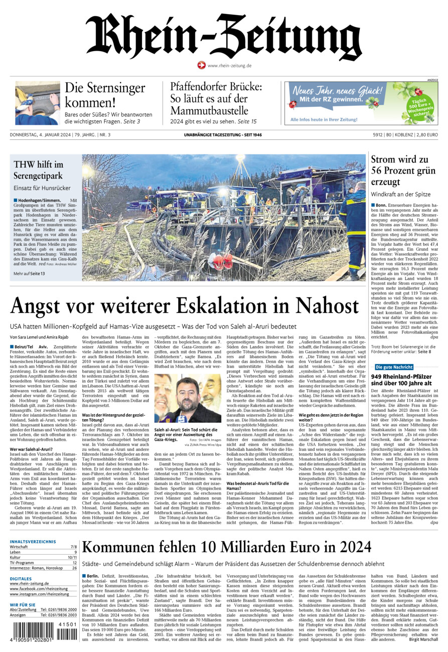 Rhein-Zeitung Koblenz & Region vom Donnerstag, 04.01.2024