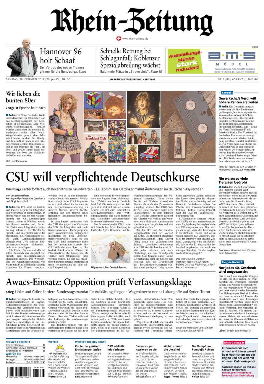 Rhein-Zeitung Koblenz & Region vom Dienstag, 29.12.2015