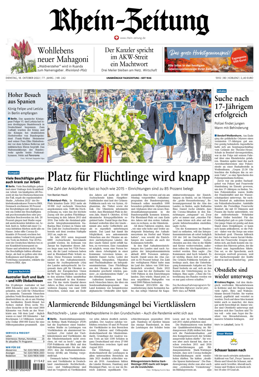 Rhein-Zeitung Koblenz & Region vom Dienstag, 18.10.2022