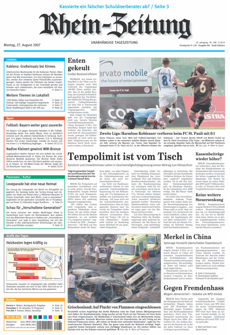 Rhein-Zeitung Koblenz & Region vom Montag, 27.08.2007