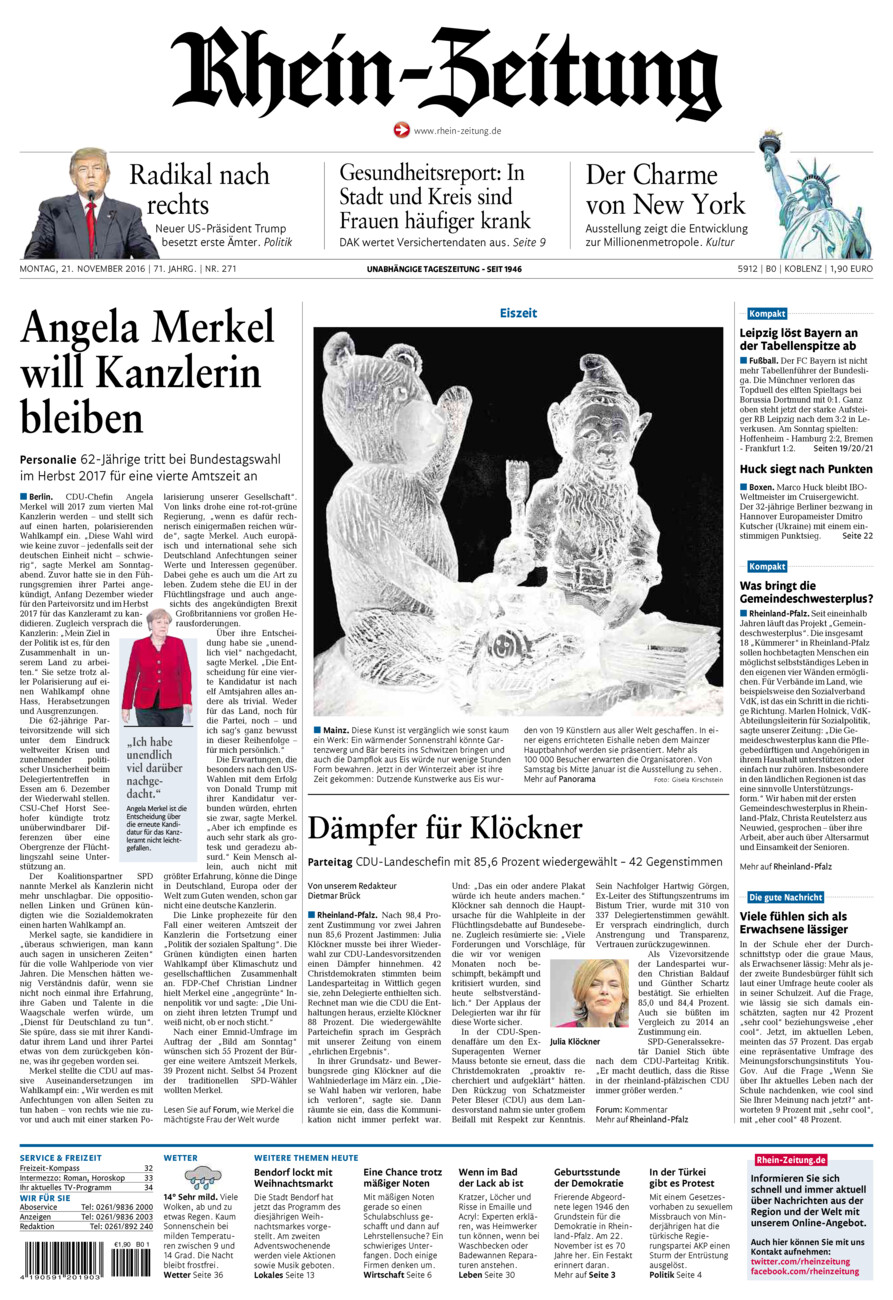 Rhein-Zeitung Koblenz & Region vom Montag, 21.11.2016