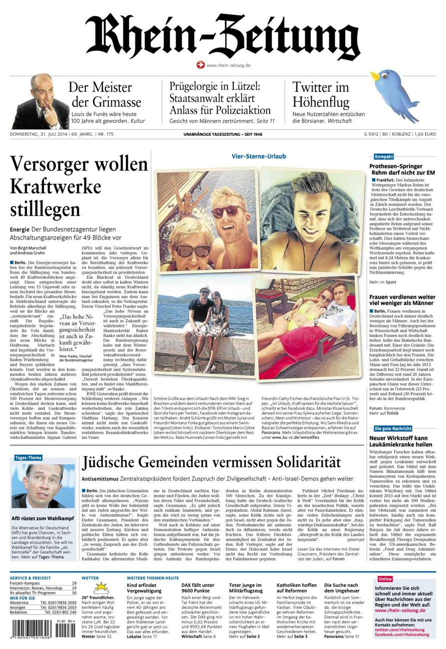 Rhein-Zeitung Koblenz & Region vom Donnerstag, 31.07.2014