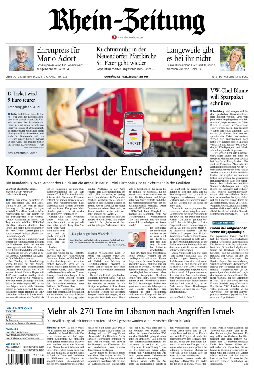 Rhein-Zeitung Koblenz & Region vom Dienstag, 24.09.2024