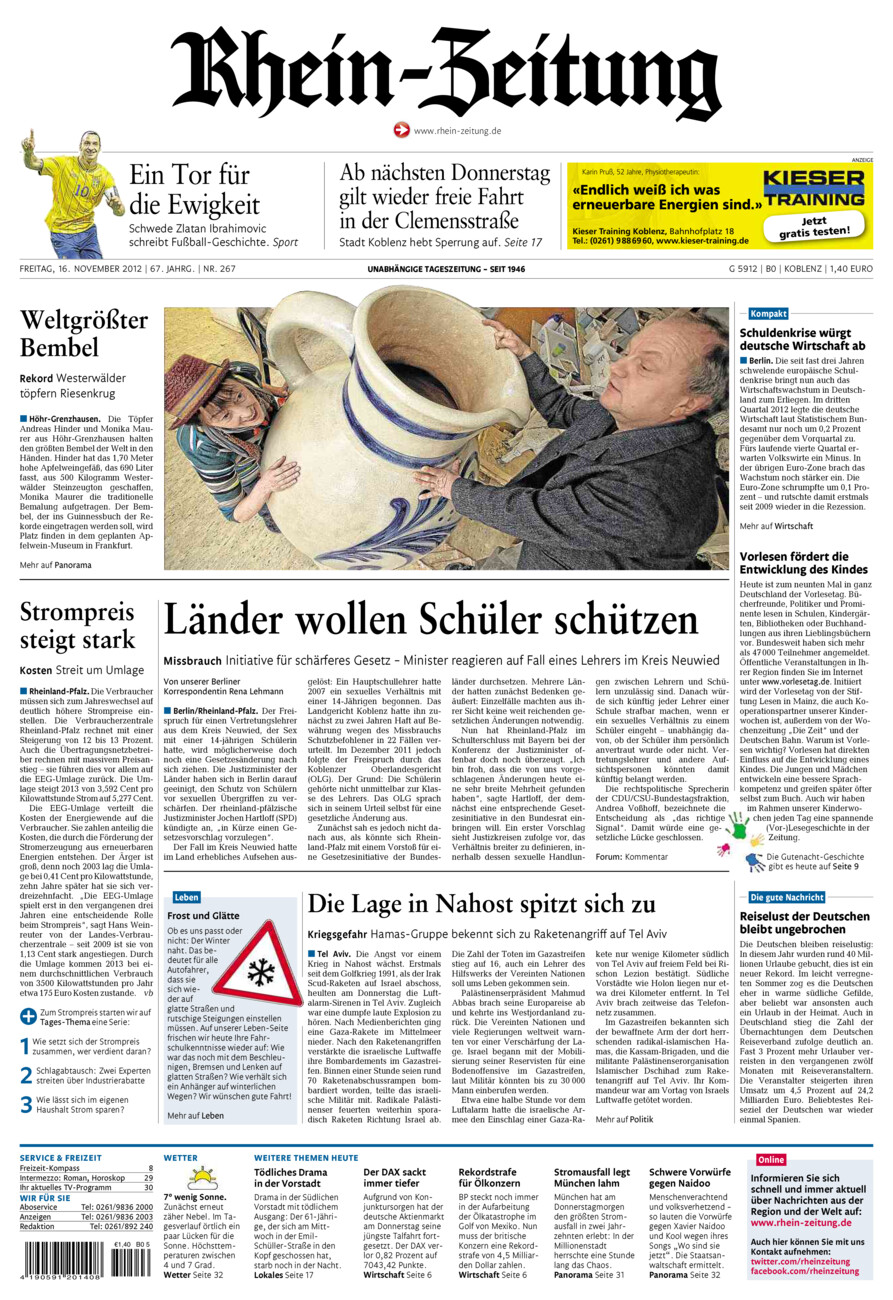Rhein-Zeitung Koblenz & Region vom Freitag, 16.11.2012