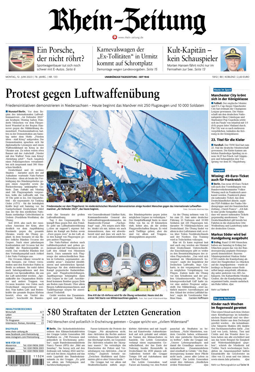 Rhein-Zeitung Koblenz & Region vom Montag, 12.06.2023