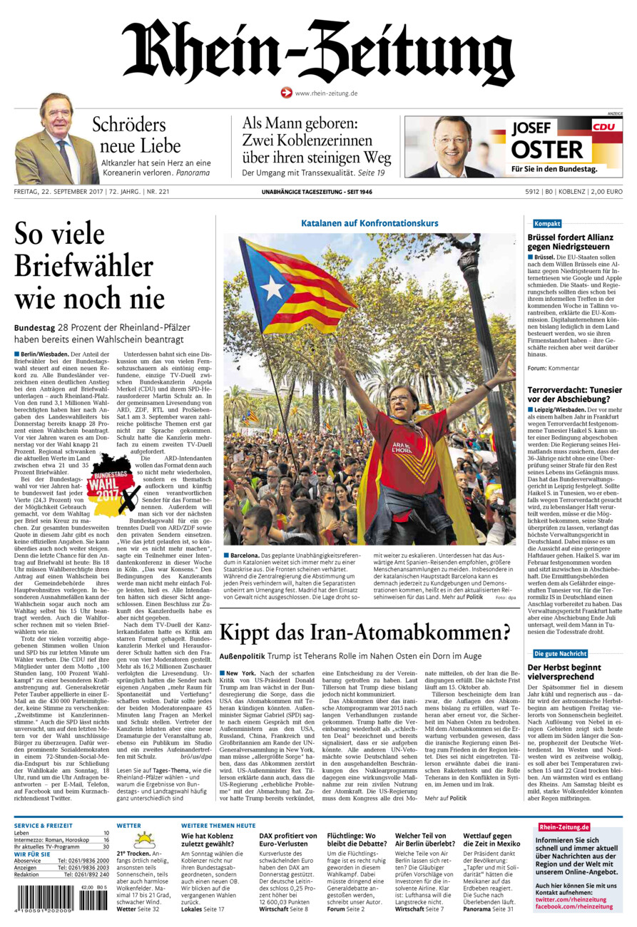 Rhein-Zeitung Koblenz & Region vom Freitag, 22.09.2017