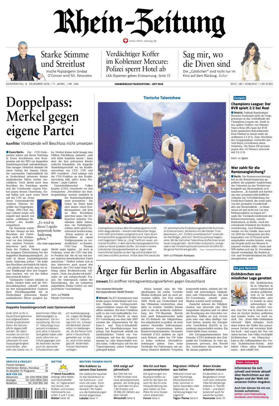 Rhein-Zeitung Koblenz & Region vom Donnerstag, 08.12.2016
